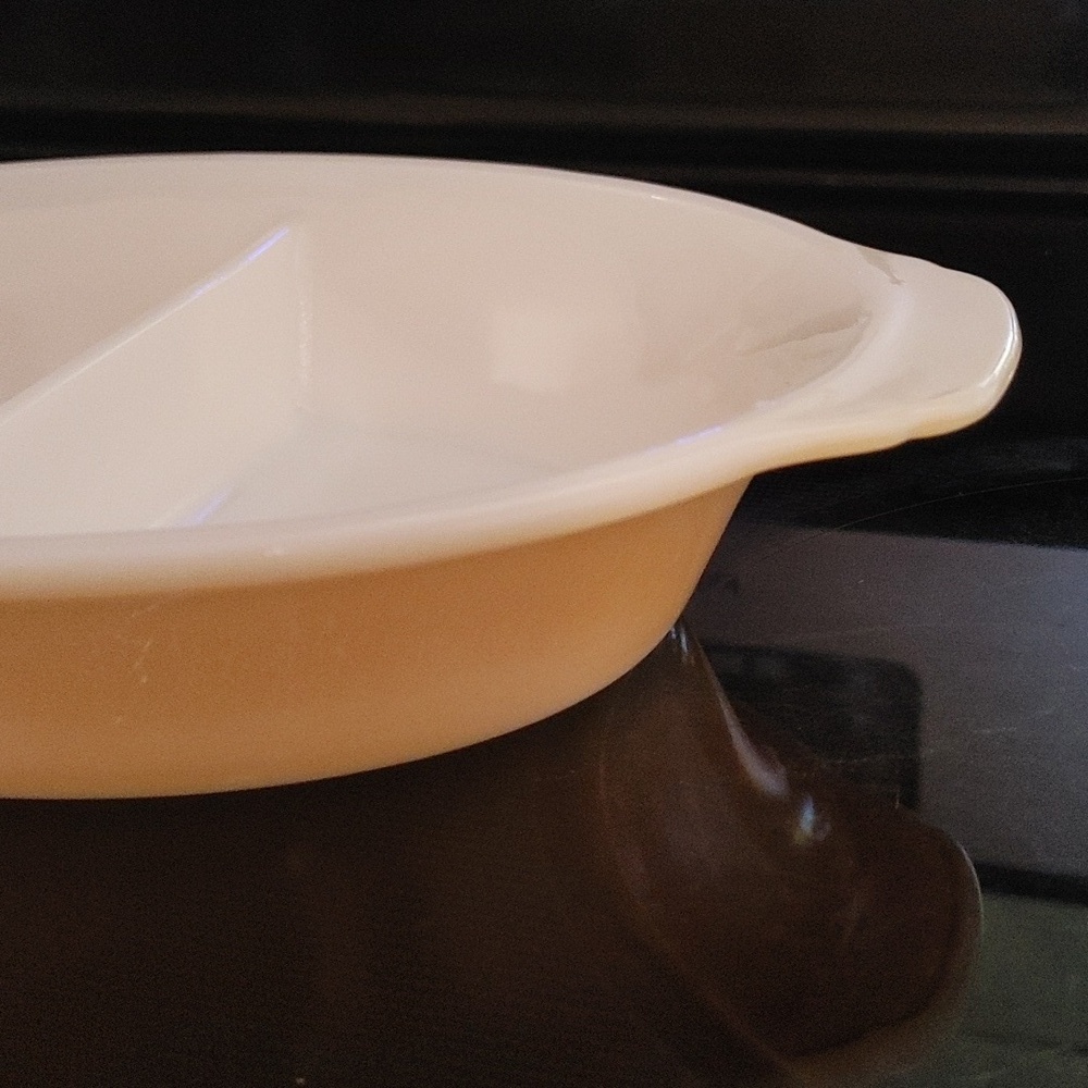 468 FIRE KING Peach Lustre Divided Oval Baking Casserole Dish